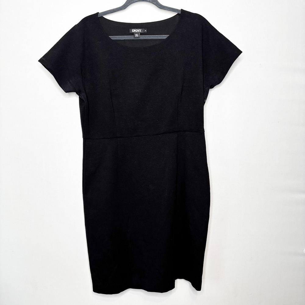 DKNY Black Short Sleeve Sheath Dress Size 14 Knee Length Side Zip Classic Career